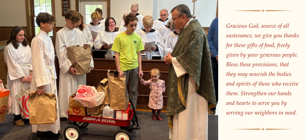 Trinity youth present donated items for our food pantry for a blesing during services