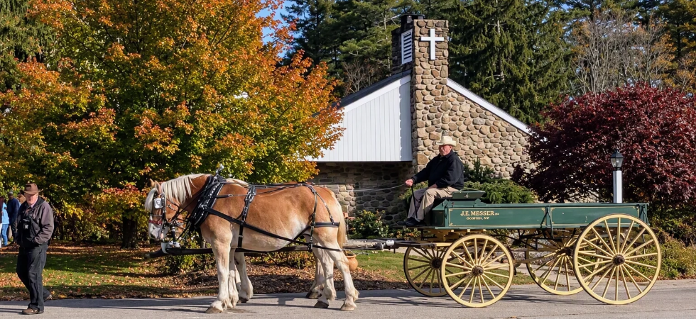 Horse and Wagon parked in front of Trinity Church in Autumn